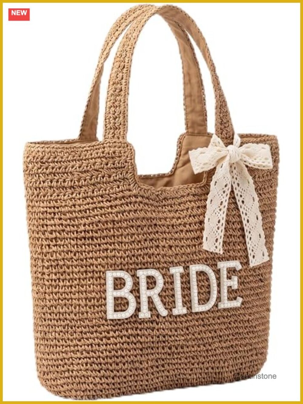 BRIDE Straw Tote Bag Rhinestone Patch Lace Bow Hair Tie Beach Honeymoon Wedding - Picture 1 of 7